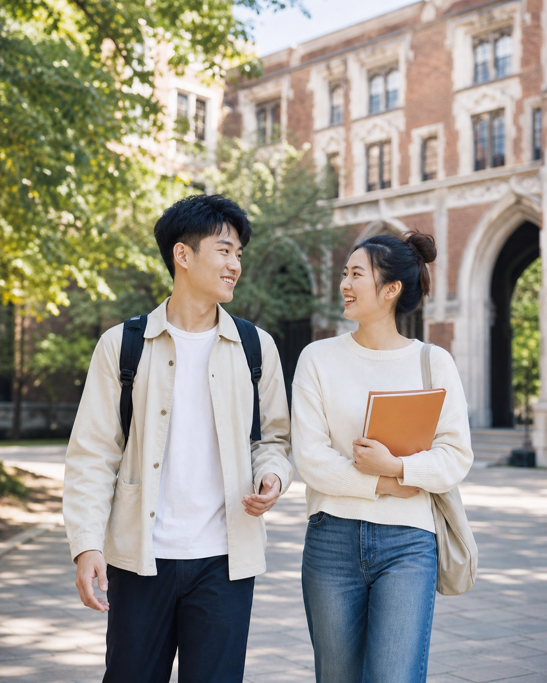 两名中国学生走在海外大学校园